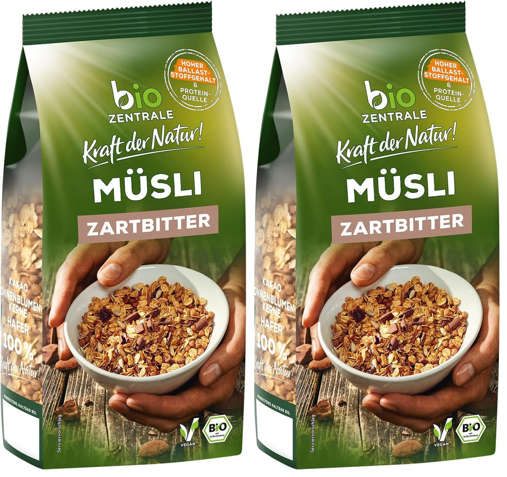 Biozentrale Muesli cu ciocolată neagră | 500g Organic Vegan | Ideal pentru micul dejun și pentru paharul tău de muesli la pachet | Alternativă la batoanele de muesli