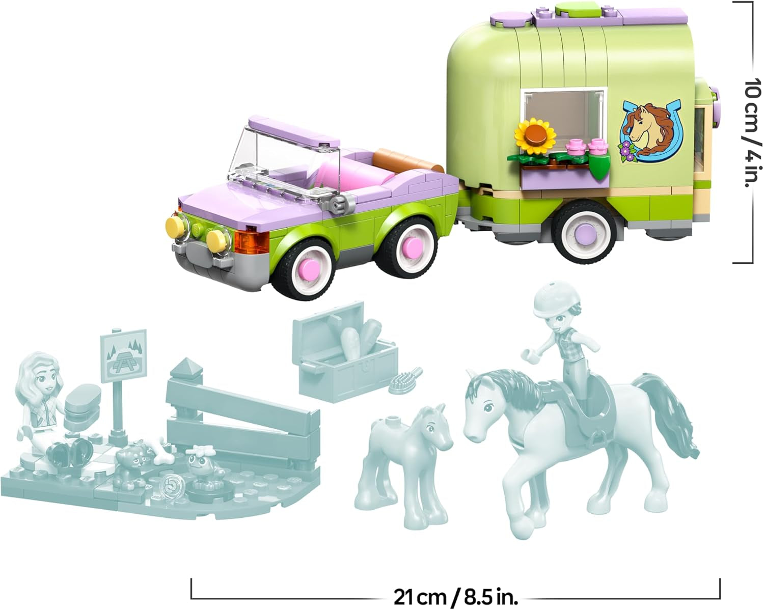 LEGO Friends Pferd und Fohlen mit Pferdeanhänger - Pferde Spielset mit Pflegezubehör, 4 Tierfiguren, Auto & 2 Mini Puppen - Geschenkidee zum Geburtstag für Mädchen ab 7 Jahren - 42695