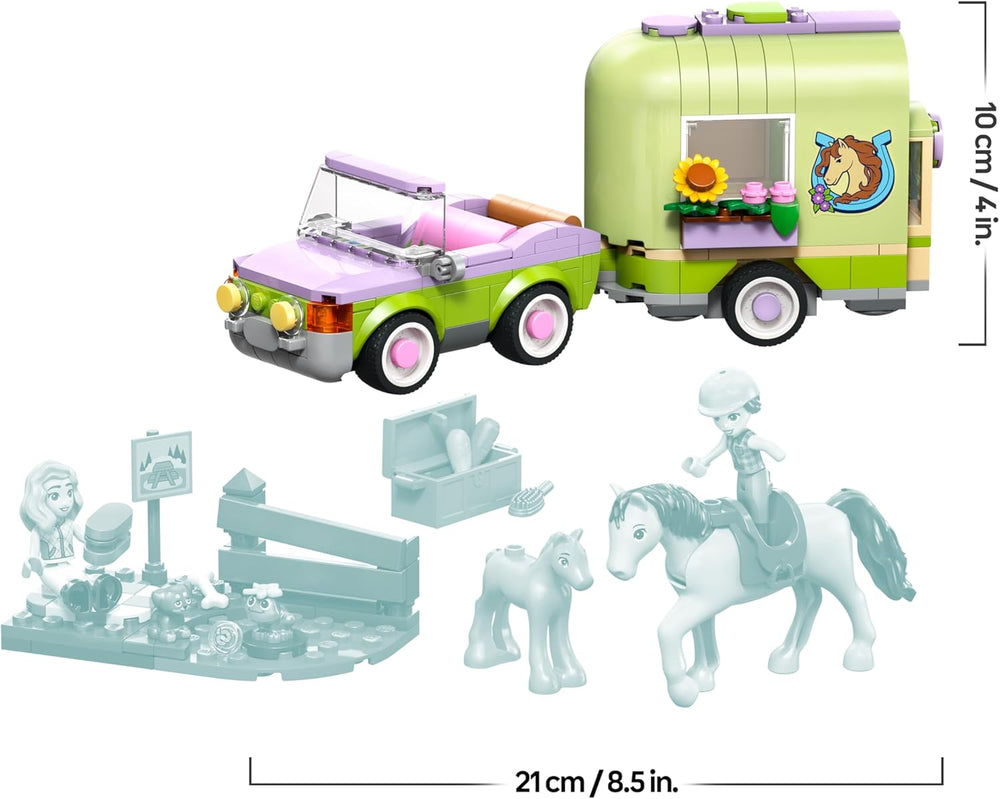 LEGO Friends Pferd und Fohlen mit Pferdeanhänger - Pferde Spielset mit Pflegezubehör, 4 Tierfiguren, Auto & 2 Mini Puppen - Geschenkidee zum Geburtstag für Mädchen ab 7 Jahren - 42695