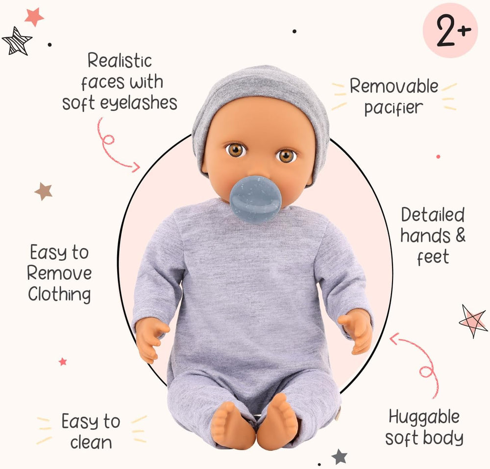 LullaBaby - Baby Puppe - Einteiler & Mütze - 36 cm Realistische Baby-Puppe - Haselnussbraune Augen & weicher Körper - Strampler & Schnuller-Zubehör - Pretend Play Spielzeug - Kinder 2 Jahre +