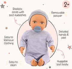 LullaBaby - Baby Puppe - Einteiler & Mütze - 36 cm Realistische Baby-Puppe - Haselnussbraune Augen & weicher Körper - Strampler & Schnuller-Zubehör - Pretend Play Spielzeug - Kinder 2 Jahre +