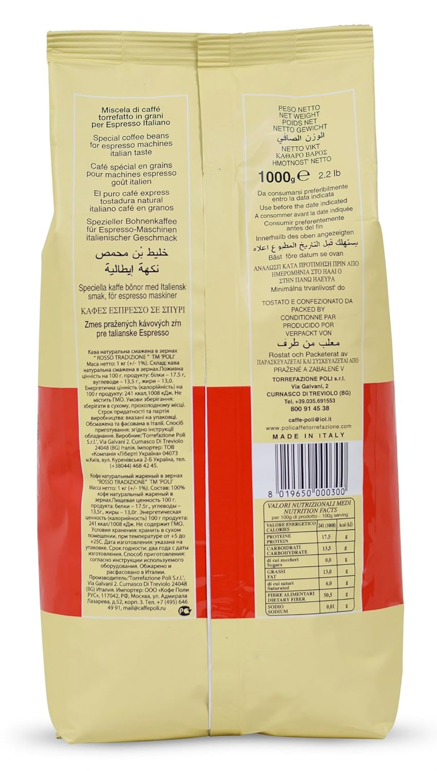 Caffè Poli Rosso | Traditioneller Espresso | Italienische Espressobohnen | Ideal für Kaffeevollautomaten, Siebträger und Espressomaschinen | 1 x 1 kg