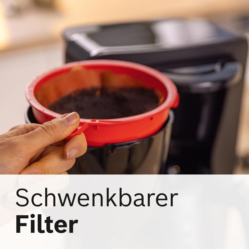 Espressor cu filtru Bosch MyMoment TKA2M113, carafă din sticlă de 1,25 l, pentru 10-15 cești, funcție de menținere la cald timp de 40 de minute, sistem anti-picurare, suport pentru filtru rotativ, rezervor de apă detașabil, 1200 wați, negru mat