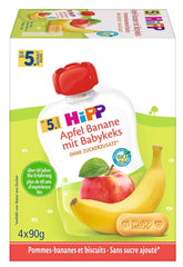 Pungi de stoarcere Hipp pentru bebelusi, terci de fructe, piersici mango in banana cu ovaz, fructe 100% bio fara zahar adaugat, 4 x 4 pungi de 90 g Mama si Copilul Naty Shop 4 x 4 pungi de 90 g Banana cu mere cu biscuiti pentru copii