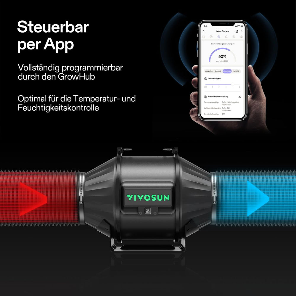 Sistem inteligent de creștere VIVOSUN cu lampă LED AeroLight A100SE de 100 W cu ventilator de circulație integrat, ventilator de conductă AeroZesh T4 de 100 mm de 357 m³/h și controler GrowHub E42A pentru corturi de creștere și cultivare în interior