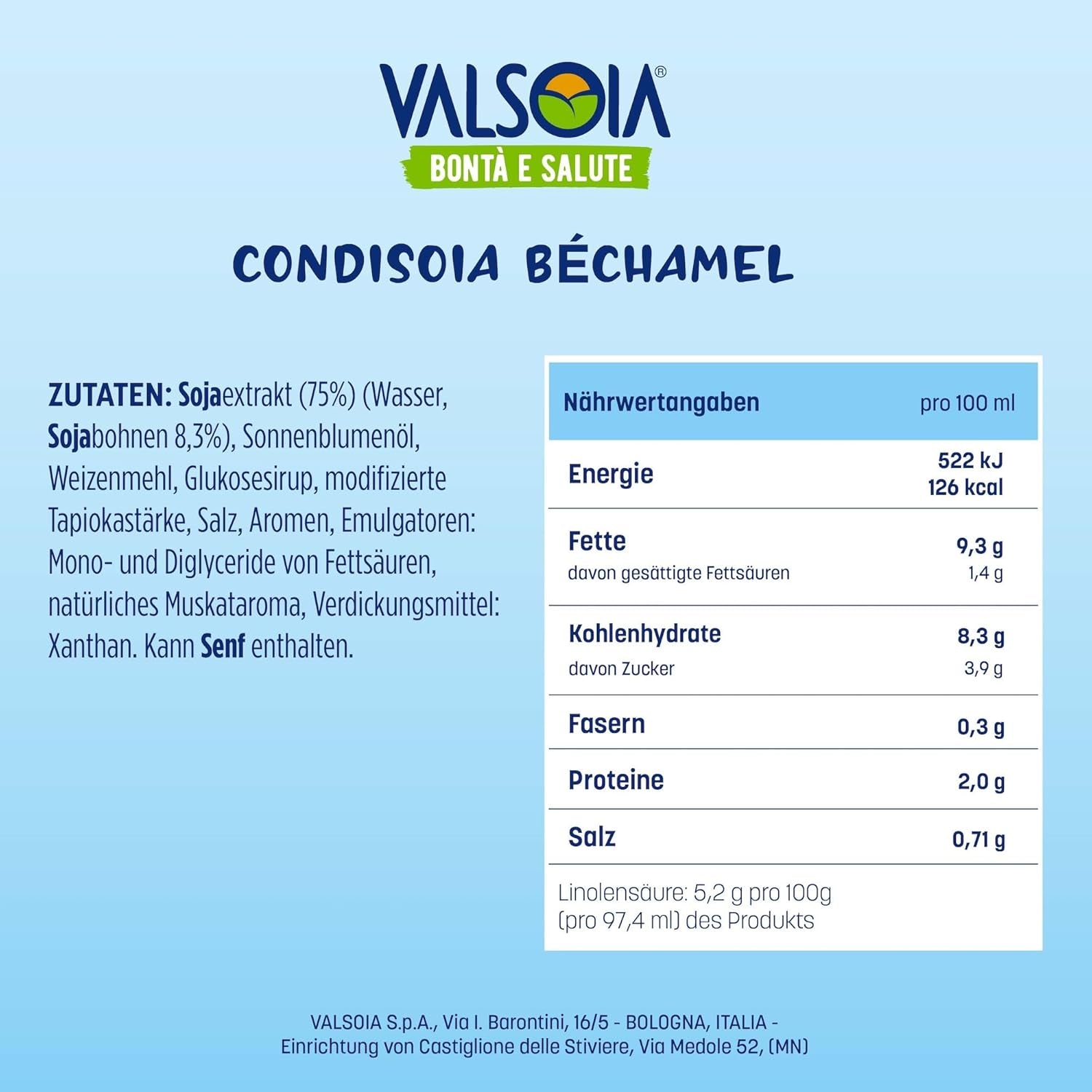 Condisoia Béchamel, Bechamel fără lactoză, Versatil în gătit, Ideal pentru vegani și vegetarieni, 6 x 200 ml