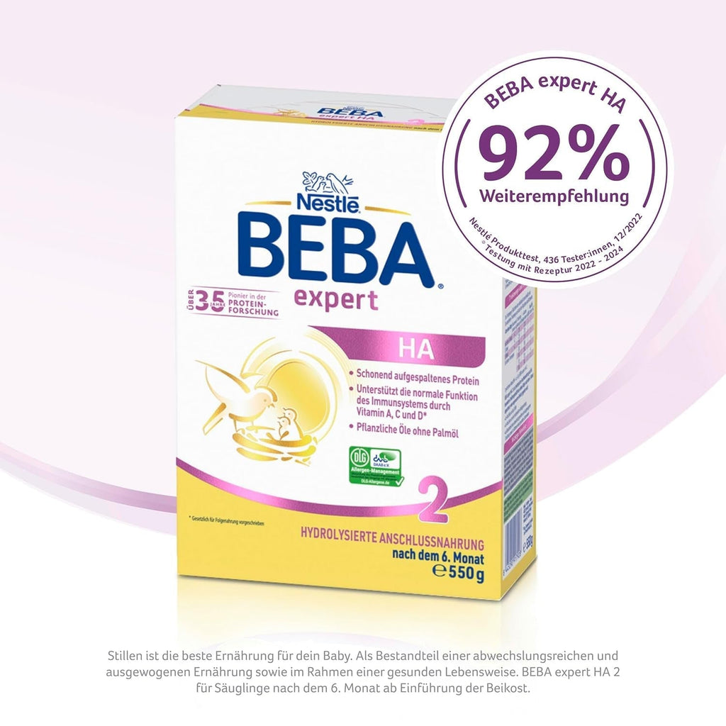 BEBA Expert HA 2 Lapte de continuare după 6 luni, hrană pentru copii cu proteină hidrolizată, doar lactoză, fără ulei de palmier, pachet de 6 (6 x 550 g) Naty Shop