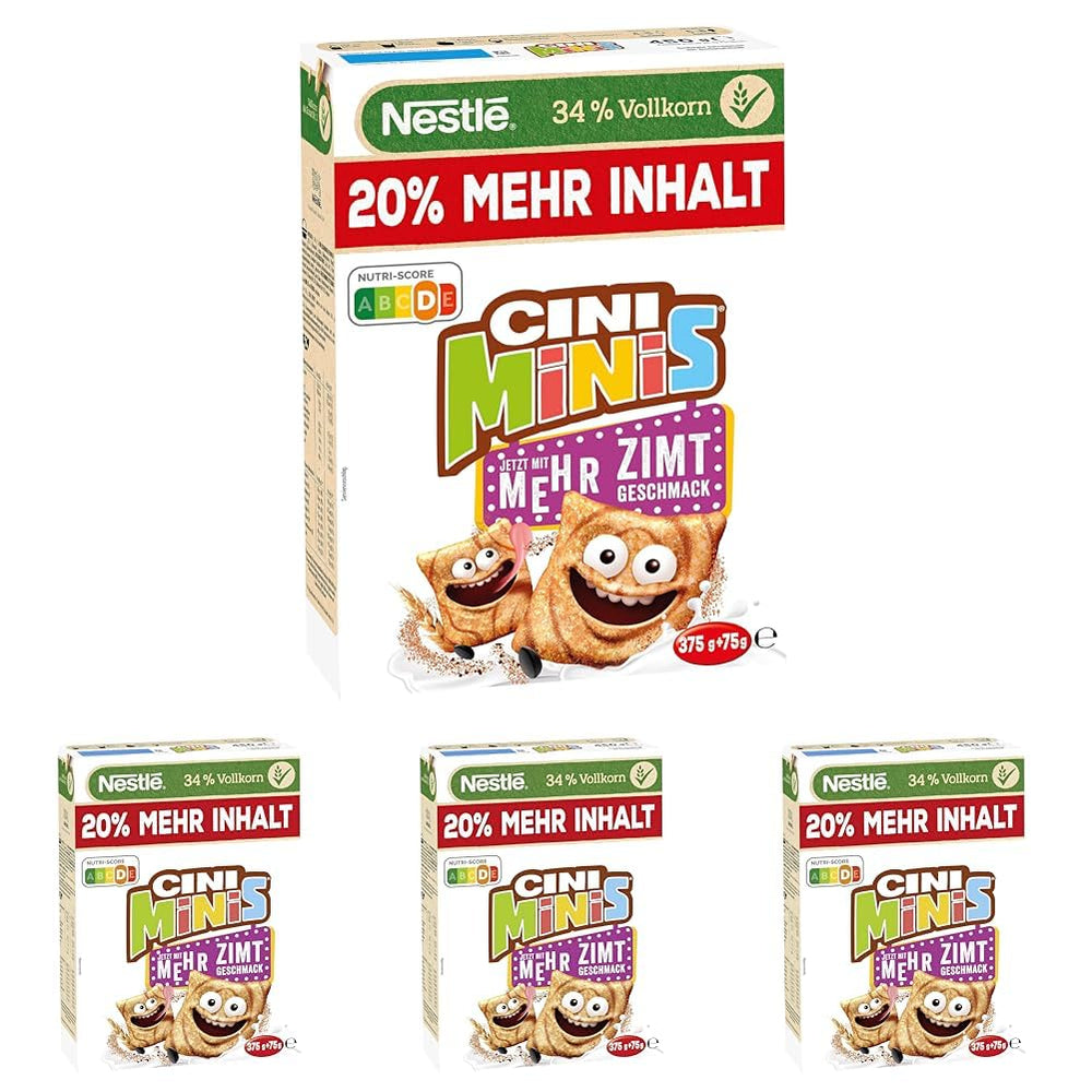 Nestlé CINI MINIS, Muesli cu scorțișoară, 37% cereale integrale vitale, cu vitamine, calciu și fier, fulgi crocanți, pachet de 7 (7x375g)
