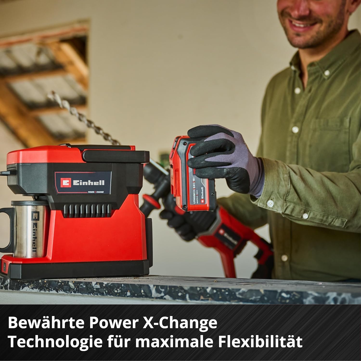 Espressor fără fir Einhell TE-CF 18 Li-Solo Power X-Change (18 V, rezervor de apă de 240 ml, pentru cafea filtrată și capsule de cafea, mâner de transport, incl. cană de cafea cu capac, fără baterie)