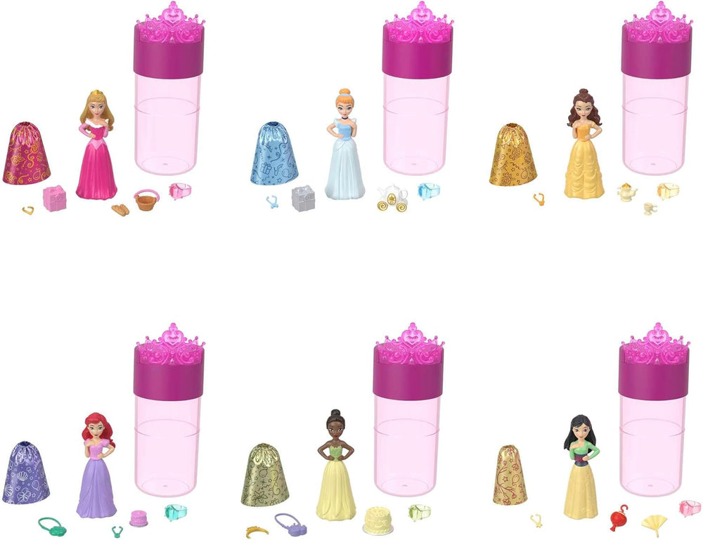 Păpuși Disney Princess Color Reveal - 6 surprize, activate cu apă, accesorii, pentru copii cu vârsta de 3 ani și peste, Ariel, Tiana, Mulan, Cenușăreasa, Belle, Aurora, HPX39