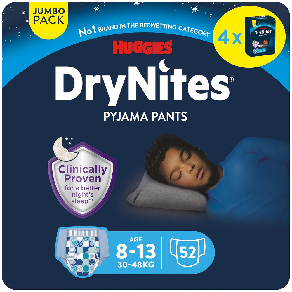 Scutece Huggies DryNites foarte absorbante pentru noapte, pentru enurezis, pentru băieți 8-13 ani (30-48 kg), 27 bucăți (3 x 9 bucăți), scutece-chiloți