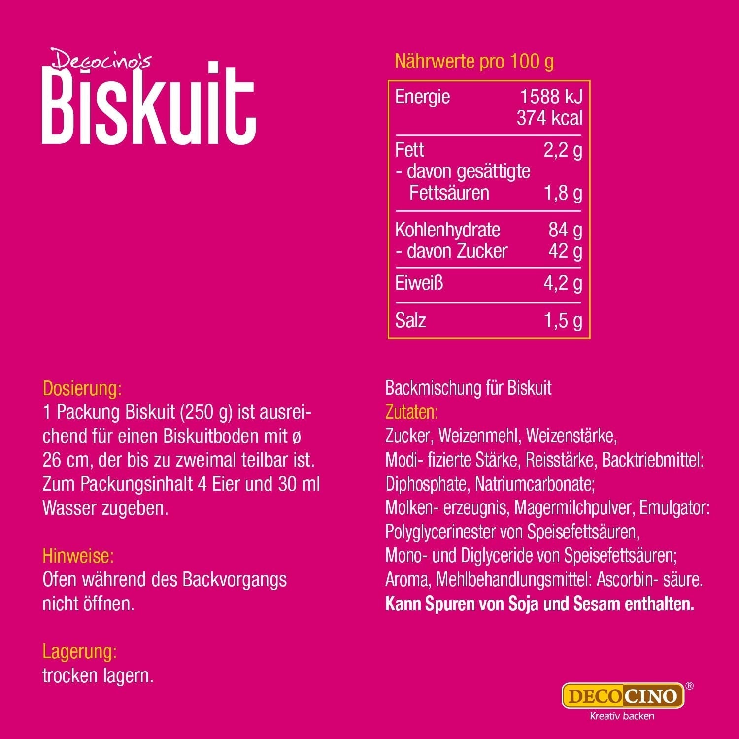DECOCINO Biskuit Backmischung (250 G) – Einfache Zubereitung – Gelingsicher – Zum Backen Von Luftigen Biskuitböden, Creme-Torten, Biskuitrollen Uvm. Naty Shop