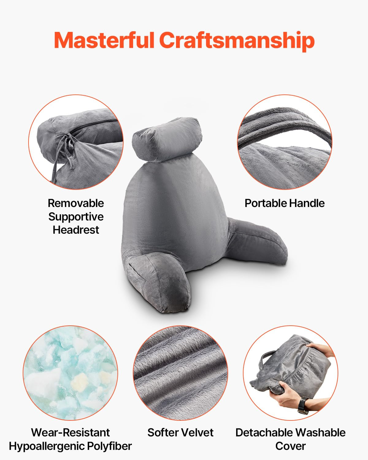 Pernă de citit VEVOR, pernă de pat (mare) cu tetieră detașabilă, pernă pentru spate cu 3 buzunare și material textil lavabil din catifea scurtă și spumă cu memorie mărunțită, lateral cu mâner, pentru vizionarea la televizor, citit, jucat