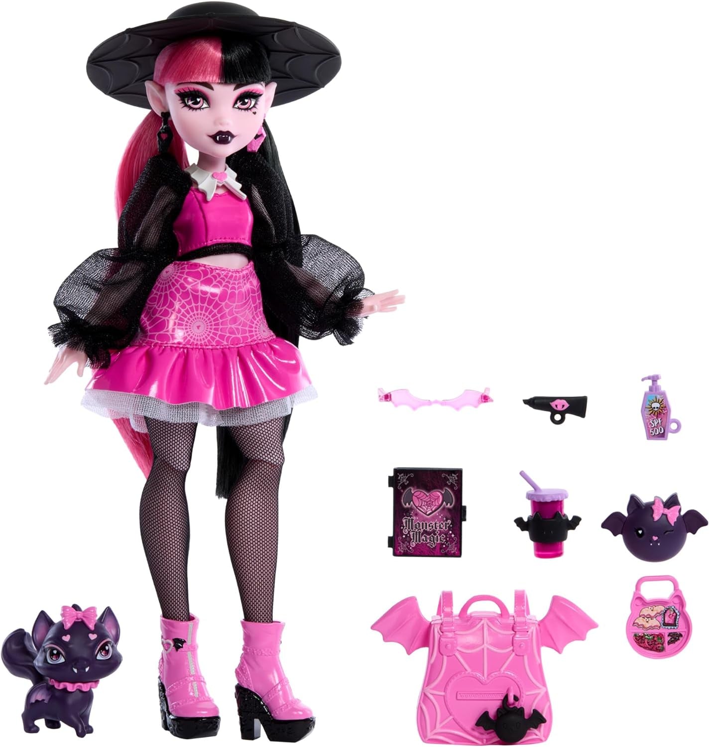 Păpușa Monster High Draculaura cu animalul ei de companie, pisica-liliac, Contele Fabulos, și accesorii precum un rucsac, o carte de vrăji, o cutie bento și multe altele, HRP64