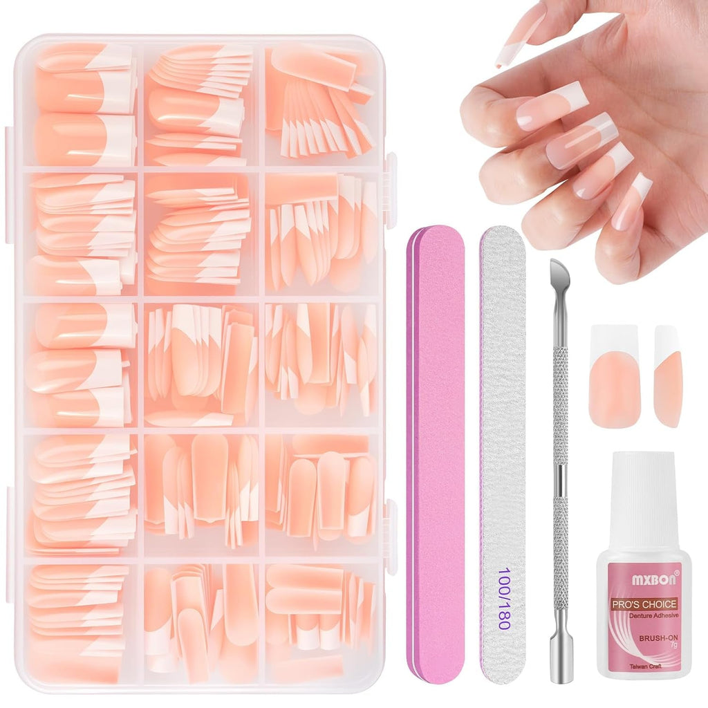 Set de 240 de vârfuri pentru unghii false, unghii false franțuzești pentru lipit, set de unghii franțuzești cu presă, 12 mărimi, unghii false cu lipici pentru femei și bărbați (alb nud mediu migdală)