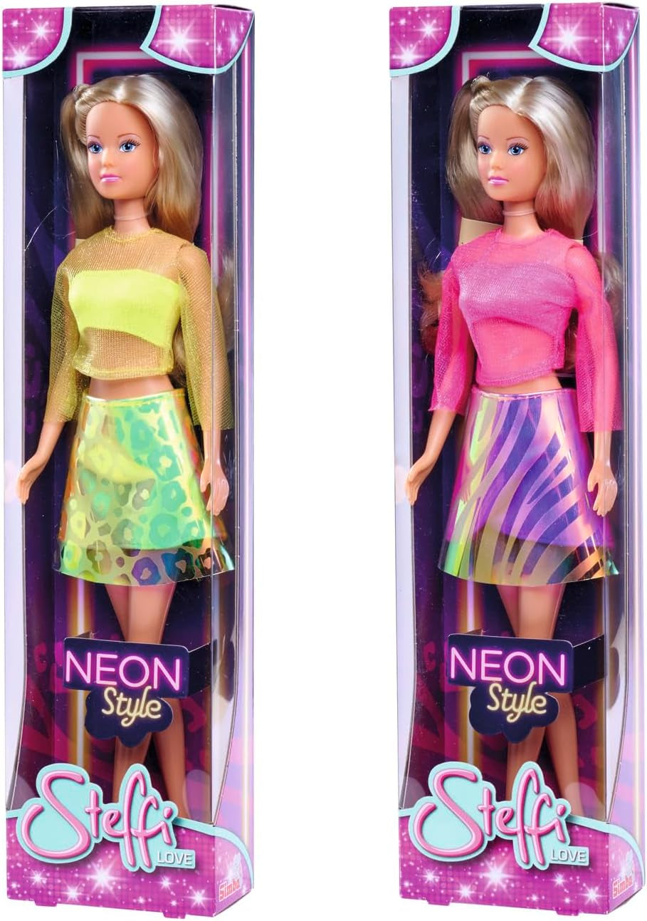 Simba Steffi Love Neon Style, 2-Fach Sortiert, es Wird nur EIN Artikel geliefert, Puppe in coolen Neonfarben und Gürtelrock, 29cm Spielpuppe, ab 3 Jahren