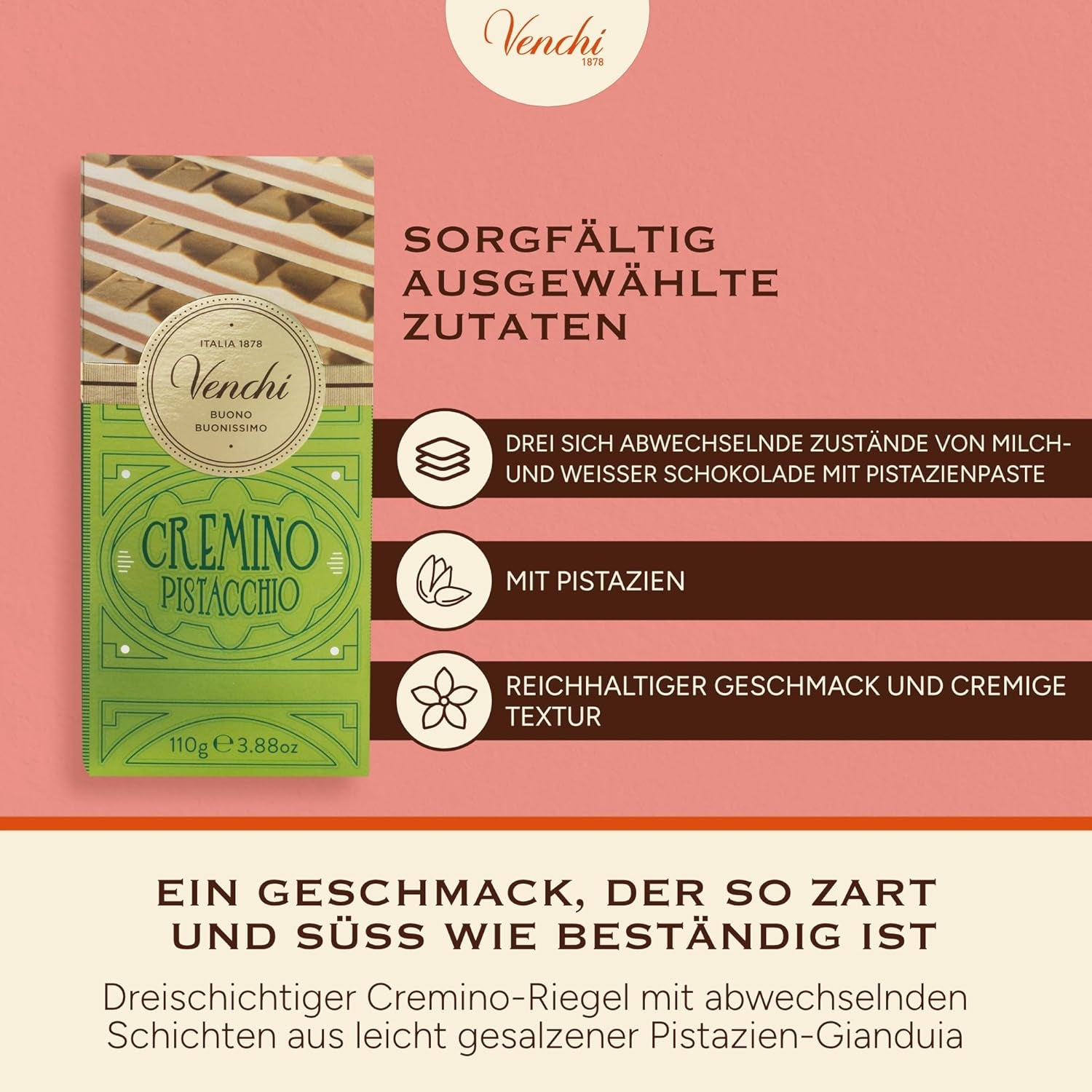 Venchi - Cremino Pistachio Bar, 110g, baton de ciocolată din ciocolată cu lapte și albă cu pastă de fistic, rețetă în trei straturi cu arome mediteraneene, fără gluten, fără coloranți artificiali
