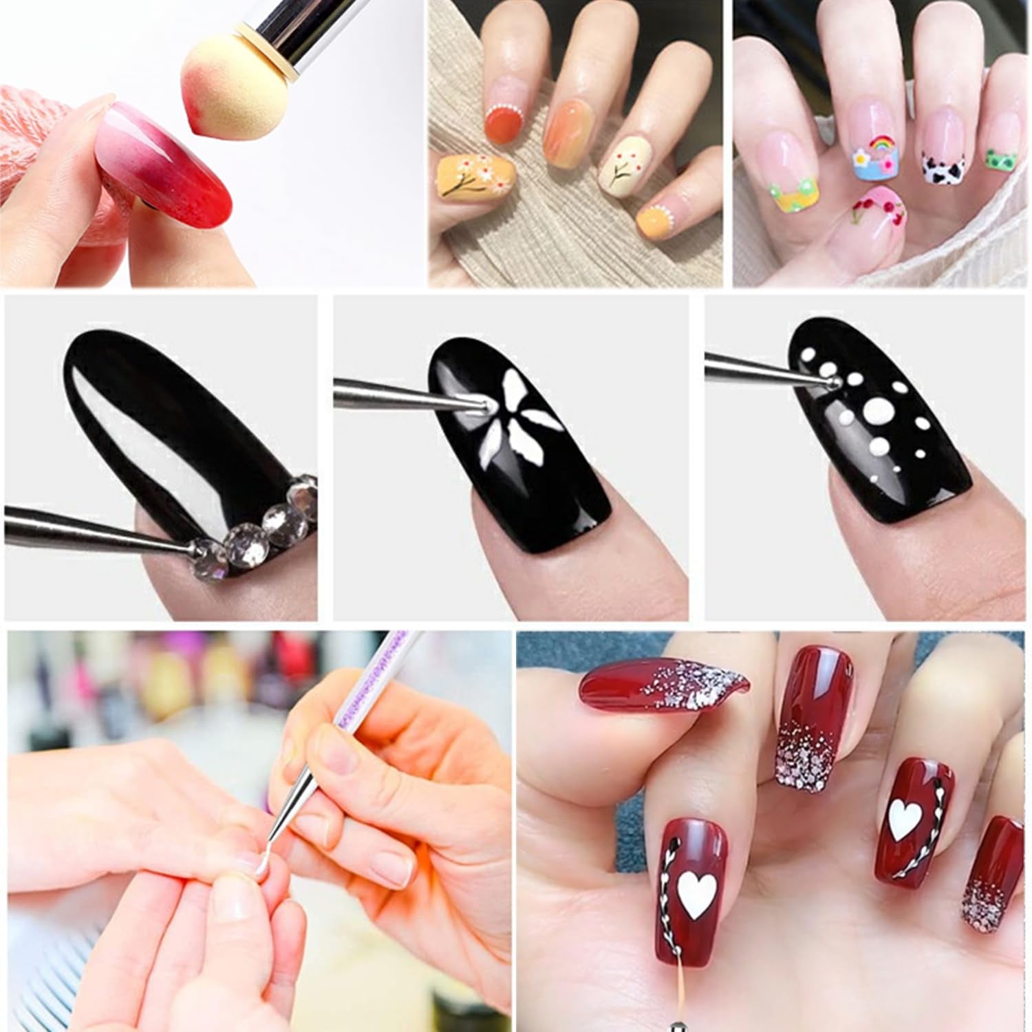 6 Stück Nagel Pinsel Set, Doppel-Ende Nageldesign Pinsel, Acryl Nail Art Pinsel Set Nail Art Liner Pinsel Dotting Tool Für DIY Nail Art Design (Mit 1 Schwammbürste)