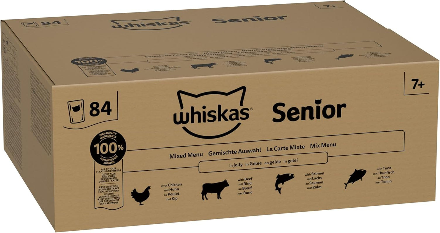 Hrană umedă Whiskas Senior 7+ Selecție mixtă în jeleu, 84 pliculețe, 84x85g (1 pachet mare) – Hrană umedă de înaltă calitate pentru pisici de 7 ani și peste