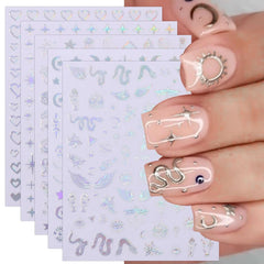 JMEOWIO Nagelsticker Mond Stern Schlange 10 Blatt Nail Art Sticker Selbstklebend Nagelaufkleber Aurora Dekoration Nageldesign Zubehör