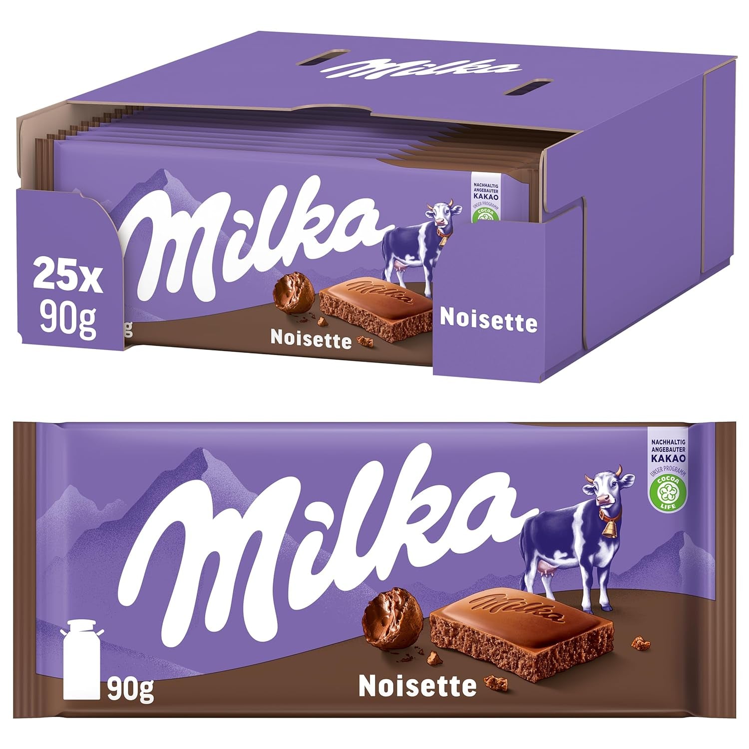 Milka Noisette – Ciocolată cu lapte alpină cu umplutură delicată și cremoasă de alune de pădure – 25 x 90g