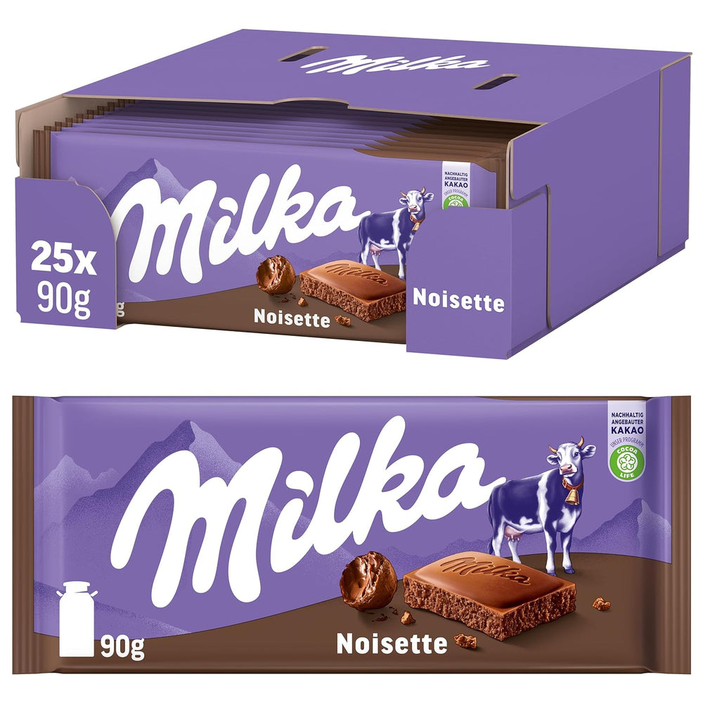Milka Noisette – Ciocolată cu lapte alpină cu umplutură delicată și cremoasă de alune de pădure – 25 x 90g