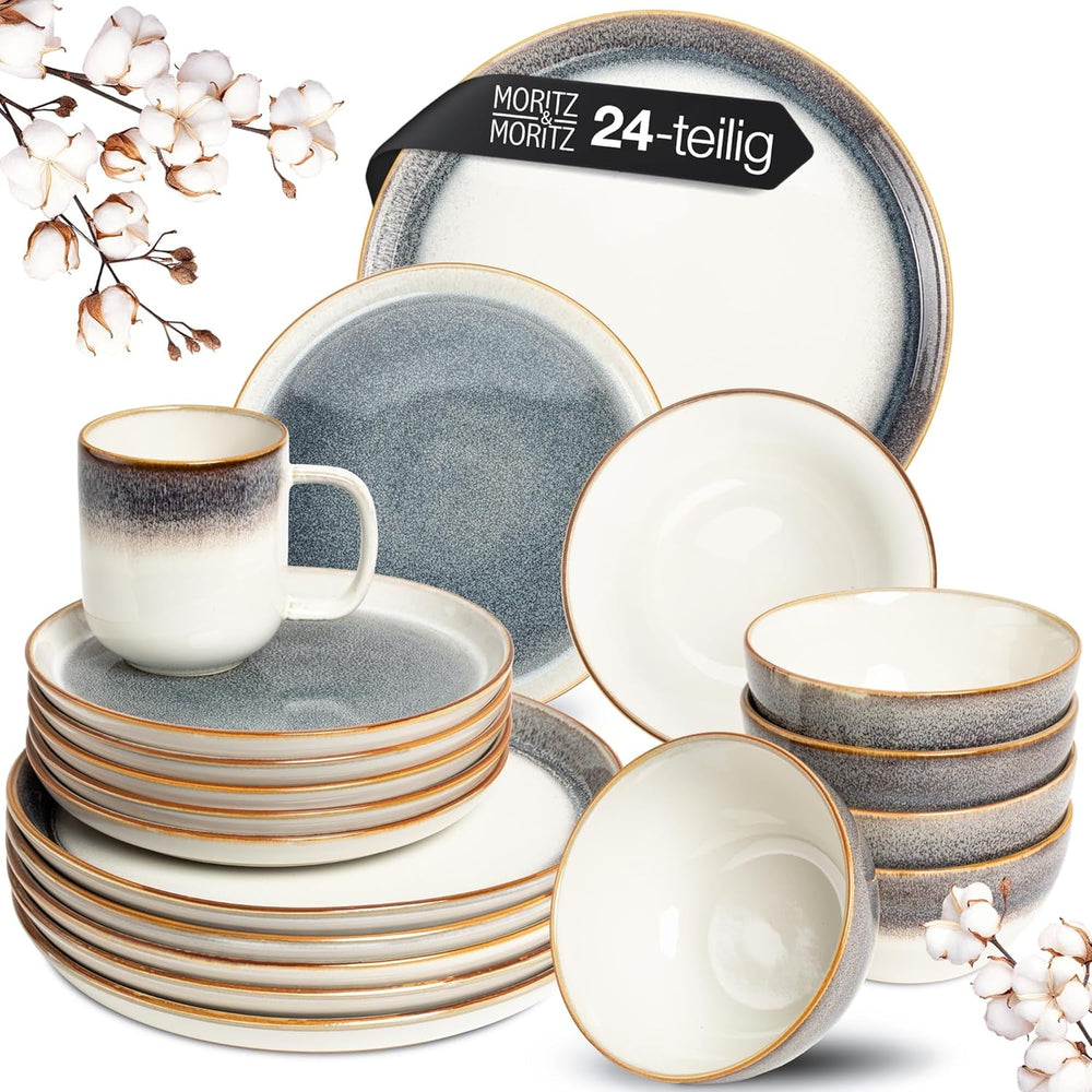 Set de veselă Moritz & Moritz TARENTO, 24 de piese, pentru 6 persoane, gri - Set elegant de farfurii din gresie de înaltă calitate - Setul de veselă include 6 farfurii de cină, 6 farfurii de desert, 6 farfurii de sumă și 6 cești