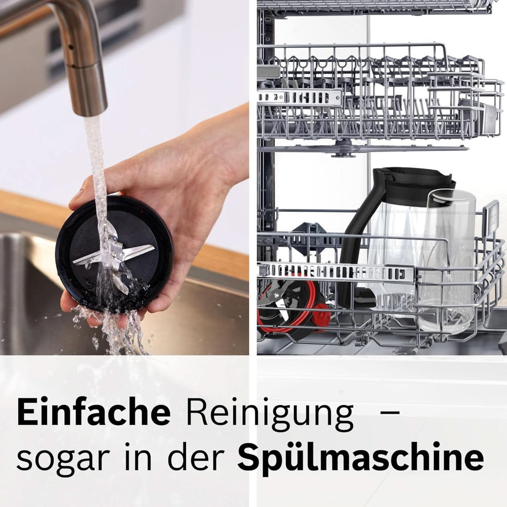 Bosch Standmixer Vitapower Serie 4 MMB6174SN, Verbesserte Version, Hochwertige Edelstahl-Klingen, 1,5L Glasbehälter, 0,6L To-Go-Flasche, Spülmaschinenfeste Teile, 30.000 U/Min, 1200 W, Silber Bucatarie Naty Shop