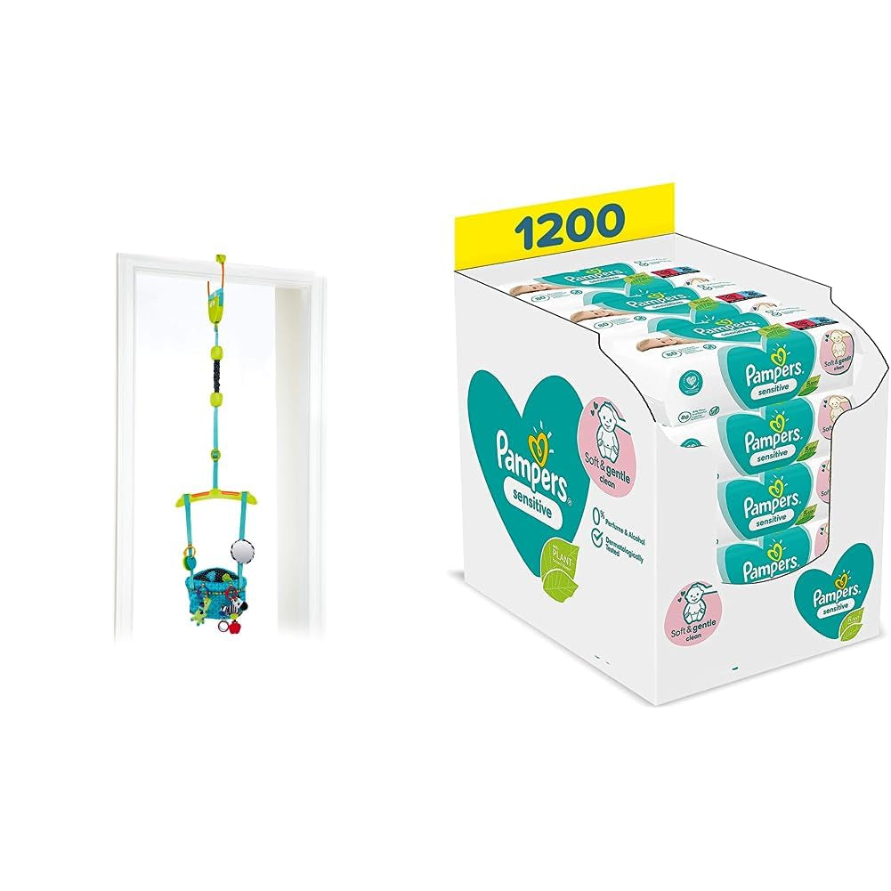 Set de prindere pentru ușă Bright Starts Deluxe cu clemă sigură și stabilă pentru tocul ușii și șervețele umede Pampers Sensitive pentru bebeluși, 1200 de șervețele (15 x 80)