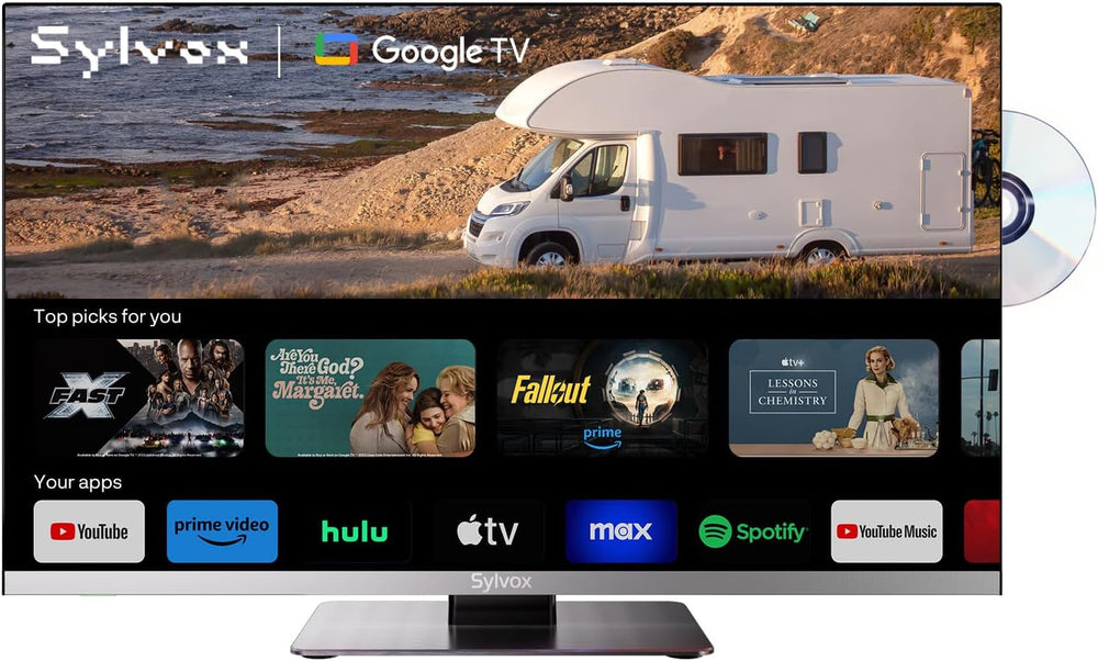 Televizor SYLVOX de 12 volți, televizor de camping de 22 de inci, televizor inteligent Android 1080P cu player DVD integrat, tuner triplu WiFi Bluetooth alimentat DC/AC fără ramă pentru autorulote, camioane, caravane, autoutilitare și bărci