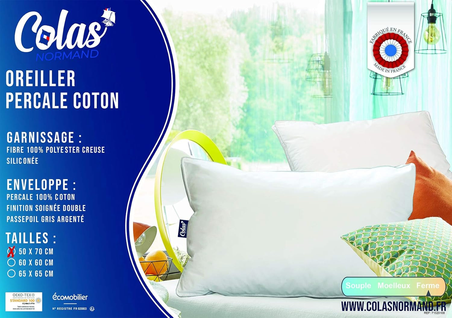 Pernă, Bumbac, Percale, 50 X 70 Cm, Finisaj fin, Confort, Percale, 100% bumbac, De înaltă calitate, Moale, Fabricat în Franța, Alb 73130220 Perne standard Naty Shop