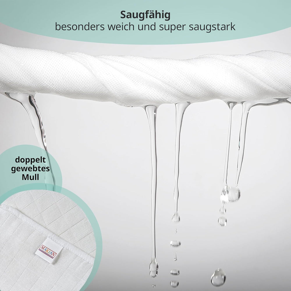 Pătrățele de muselină MAKIAN, pachet de 10, 80x80 cm, certificate Oeko-TEX® Standard 100, 10 cârpe de calitate premium pentru eructații - pătrățele din pânză dublu țesută/pătrățele de muselină, rezistente la fierbere - Alb