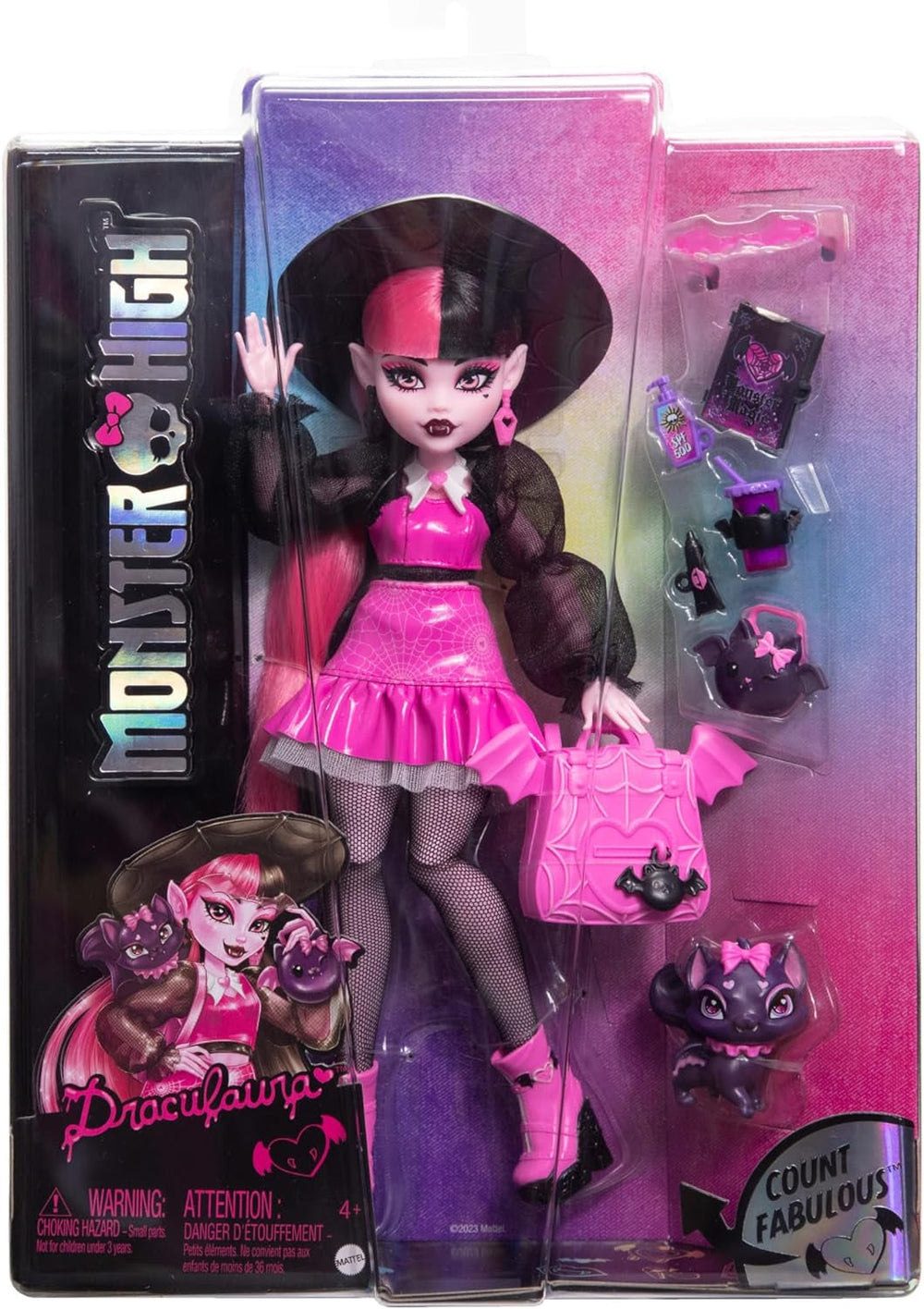 Păpușă Monster High Draculaura cu animalul ei de companie, pisica liliac Count Fabulous, și accesorii precum rucsac, carte de vrăji, cutie Bento și multe altele, HRP64 Papusi Naty Shop