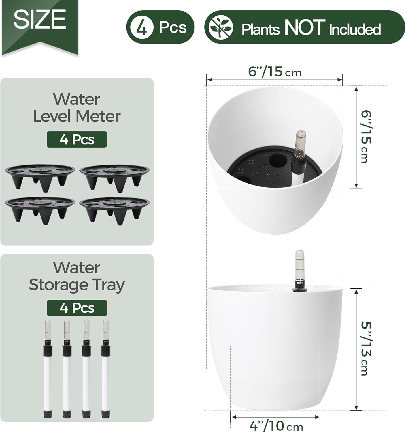 Ghiveci de flori T4U de 15 cm cu auto-udare și indicator de apă, alb, set de 4 ghivece, rezervor de apă cu auto-udare, pentru interior și exterior