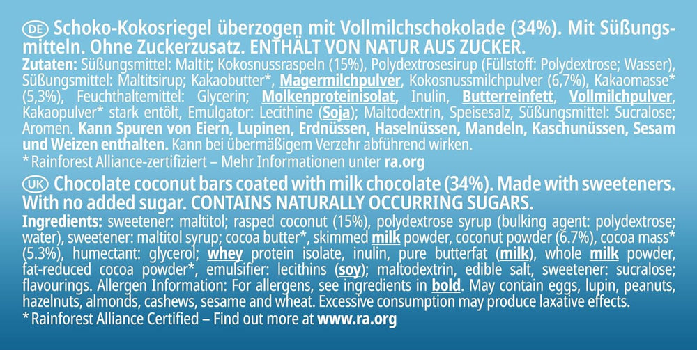 frankonia CIOCOLATĂ FĂRĂ ZAHĂR ADĂUGAT batoane de ciocolată și nucă de cocos, 100 g (3x33 g)