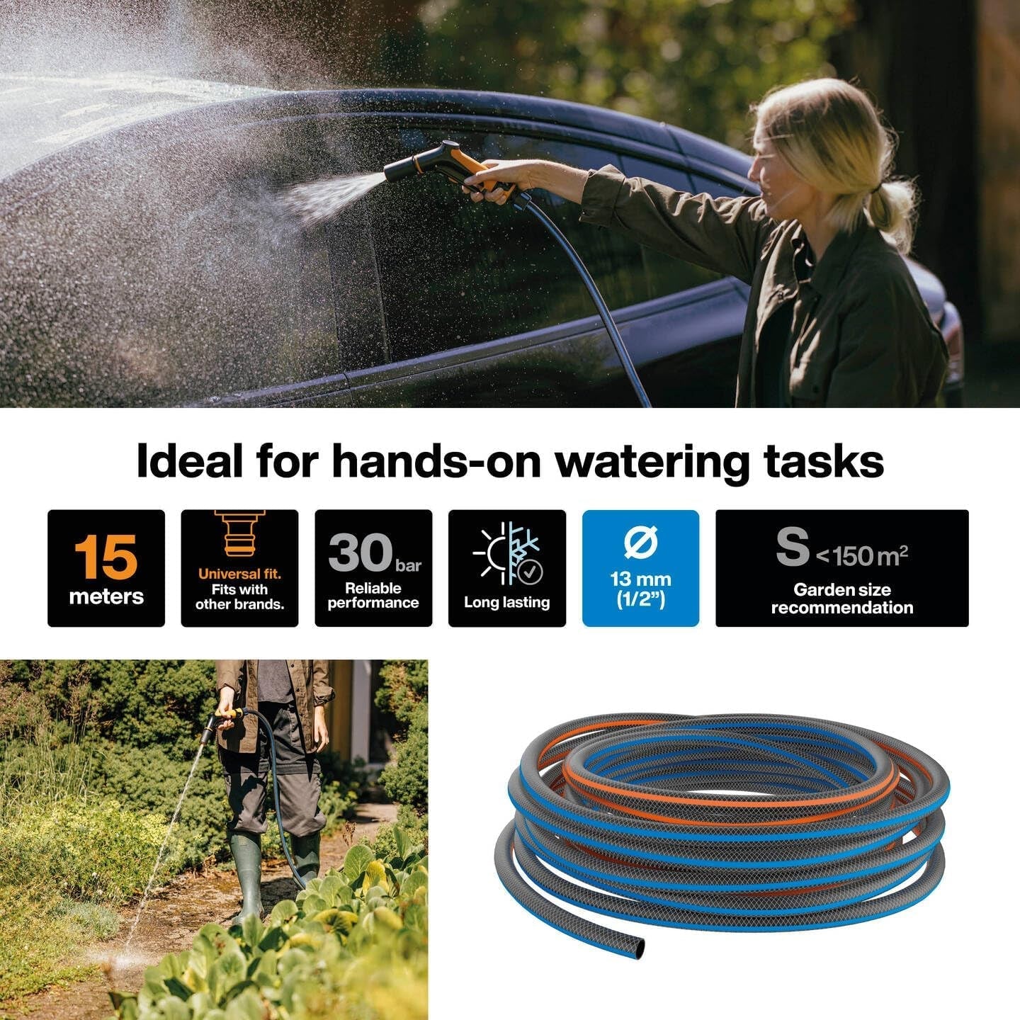 Furtun de grădină Fiskars S, seria X, furtun de apă pentru udare manuală, 13 mm (1/2"), lungime: 15 m, racord universal, protecție UV, protecție la îngheț, rezistent la răsucire, albastru, 1076044