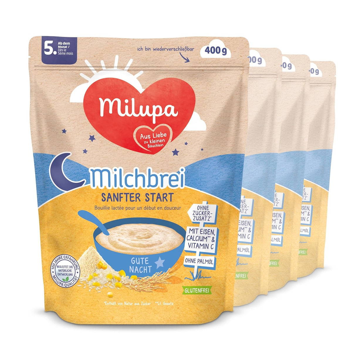 Terci de lapte Milupa Gentle Start – Cereale pentru bebeluși fără gluten, fără ulei de palmier – Fără conservanți și coloranți – De la 5 luni – 4 x 400 g