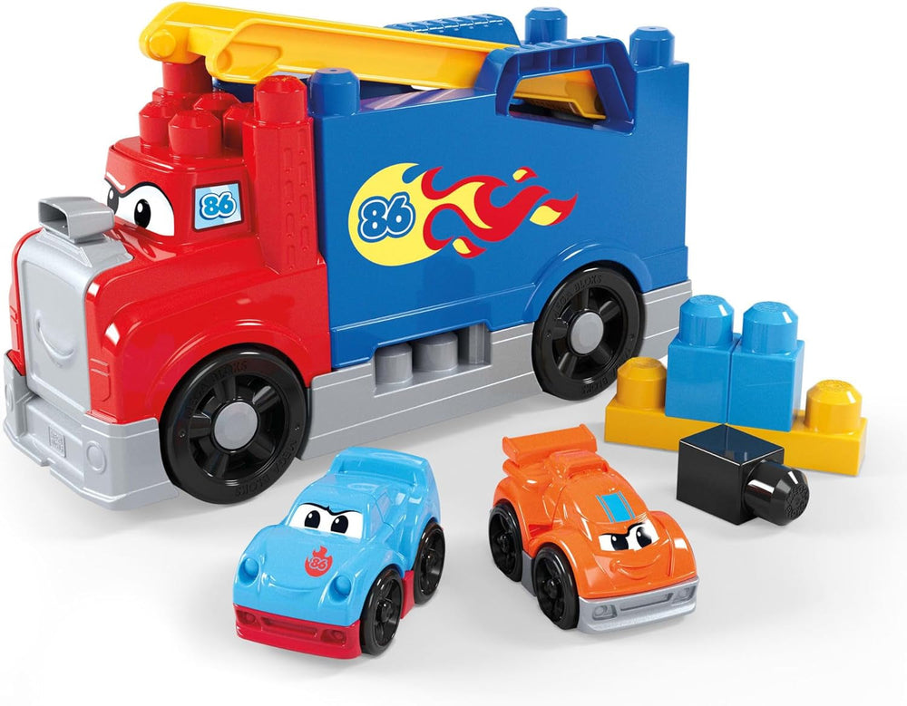 MEGA BLOKS-Bausteine Bausteinset für Kleinkinder, Fast Tracks Rennwagen-Transporter mit 19 Teilen, 2 Rennautos und Aufbewahrung, rot, ab 1 Jahr, JFR29