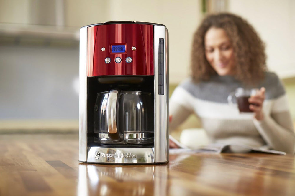 Cafetieră Russell Hobbs [Temporizator digital, Cap de duș pentru extracție și aromă optime] Luna Red (1 până la 12 cești, Carafă din sticlă de 1,5 l, Placă de încălzire, 1000 W) Cafetieră cu filtru 23240-56