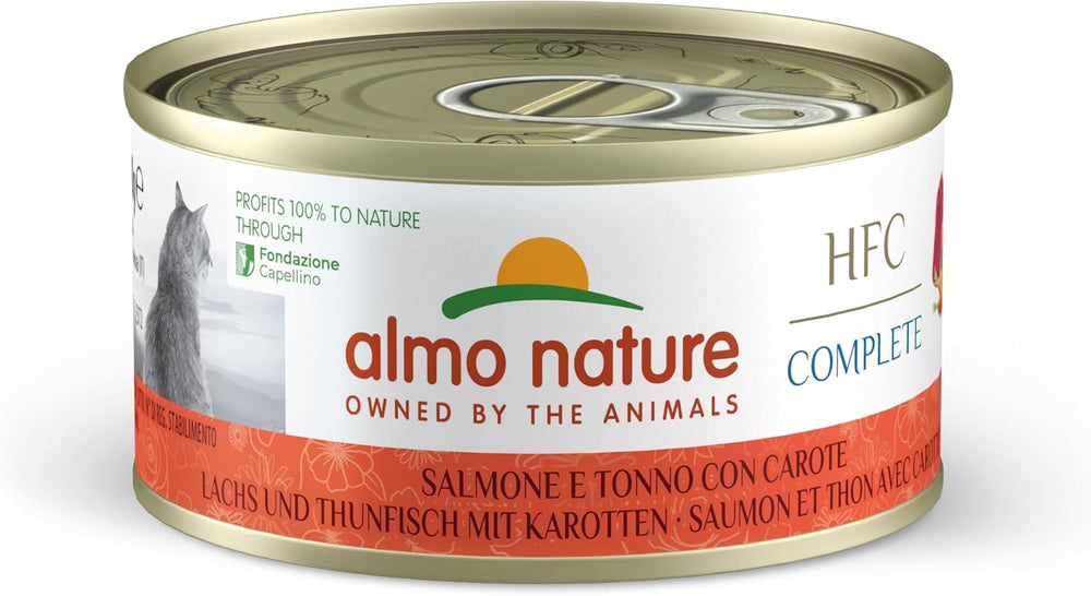 Almo Nature HFC Complete, Nassfutter für Erwachsene Katzen - Lachs und Thunfisch mit Karotten - Packung mit 1,68 kg (24 x 70 g)