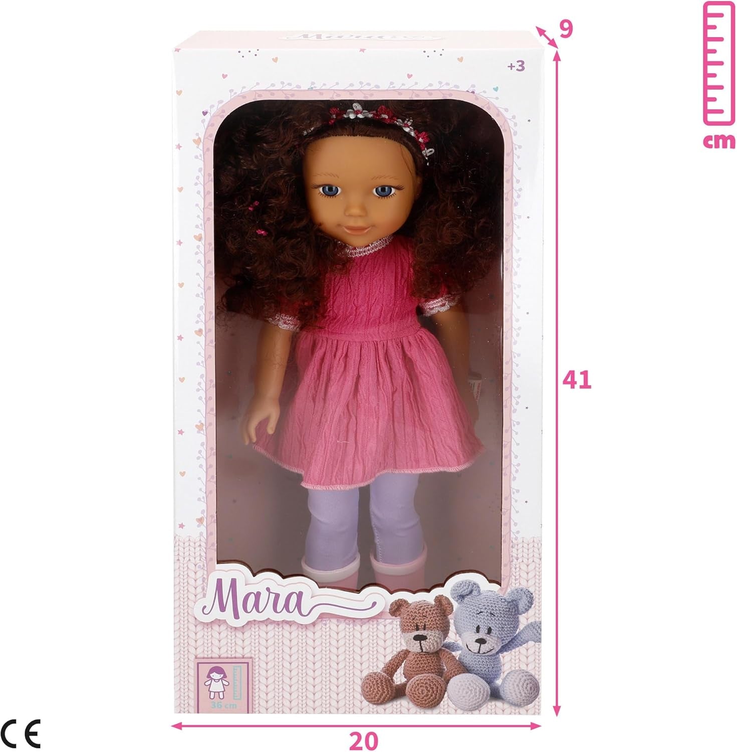 Mara 39361 Kinderpuppe, beweglich, 36 cm, lockiges braunes Haar, lässiger Stil, inklusive Kleidung, realistische Puppen, Spielzeug für Kinder ab 3 Jahren, Kinder