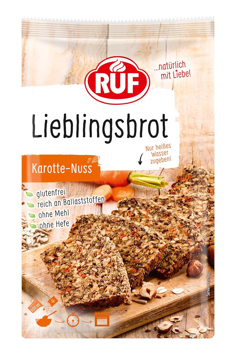 RUF Lieblingsbrot Protein, Brot-Backmischung, Brotmischung, Brotteig-Mischung, Proteinreiches Brot, Glutenfrei, Ohne Mehl & Hefe, 1 X 500G Naty Shop 600 G (1Er Pack) Karotte Nuss