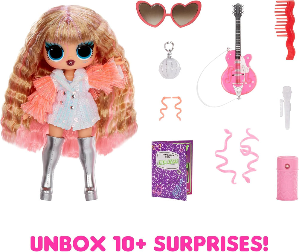 LOL Surprise! Tweens Neon Pop Stars - Thea Stars - 1 păpușă la modă, cu surprize cu iluminare din spate și peste 10 haine și accesorii Pop Star, inclusiv chitara ei roz aprins, cadou pentru copii cu vârsta de 4 ani și peste