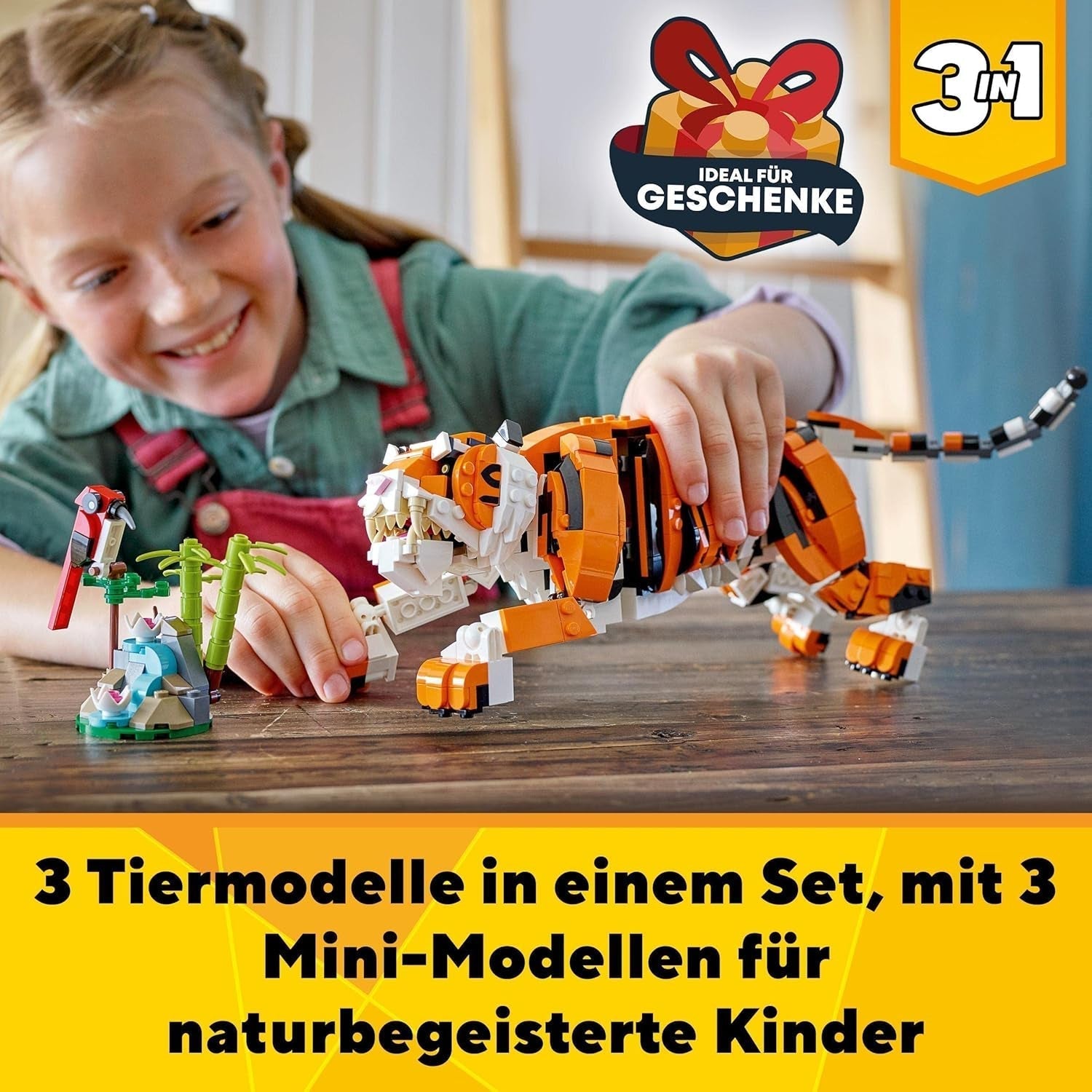 LEGO 31129 Creator Majestic Tiger, Panda sau Pește, set 3 în 1 de figuri de animale, jucărie pentru copii, băieți și fete, jucărie de construcție cu animale Seturi de constructie Besuche den LEGO-Store