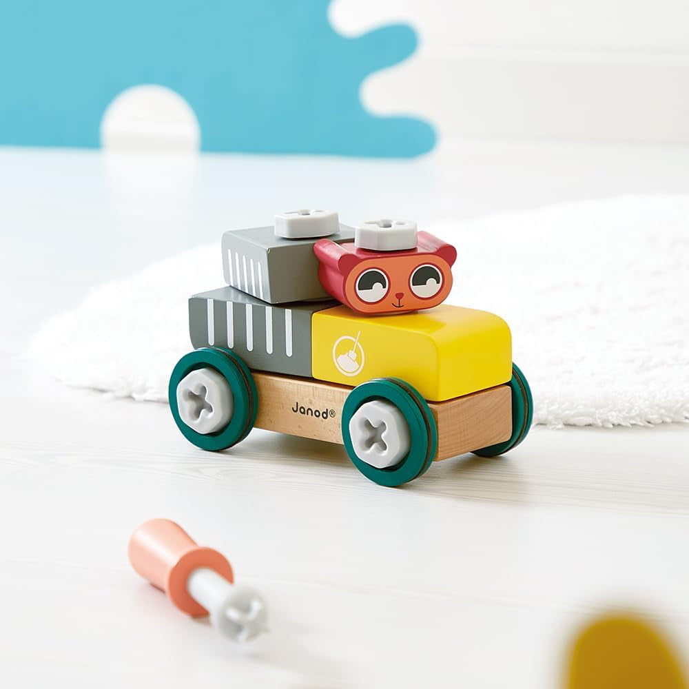Janod - Mein erstes Konstruktionsspiel - Bären-Bastelauto - 25 Elemente - Rollenspiel - Fördert Geschicklichkeit & Kreativität - Ab 24 Monaten - J06458