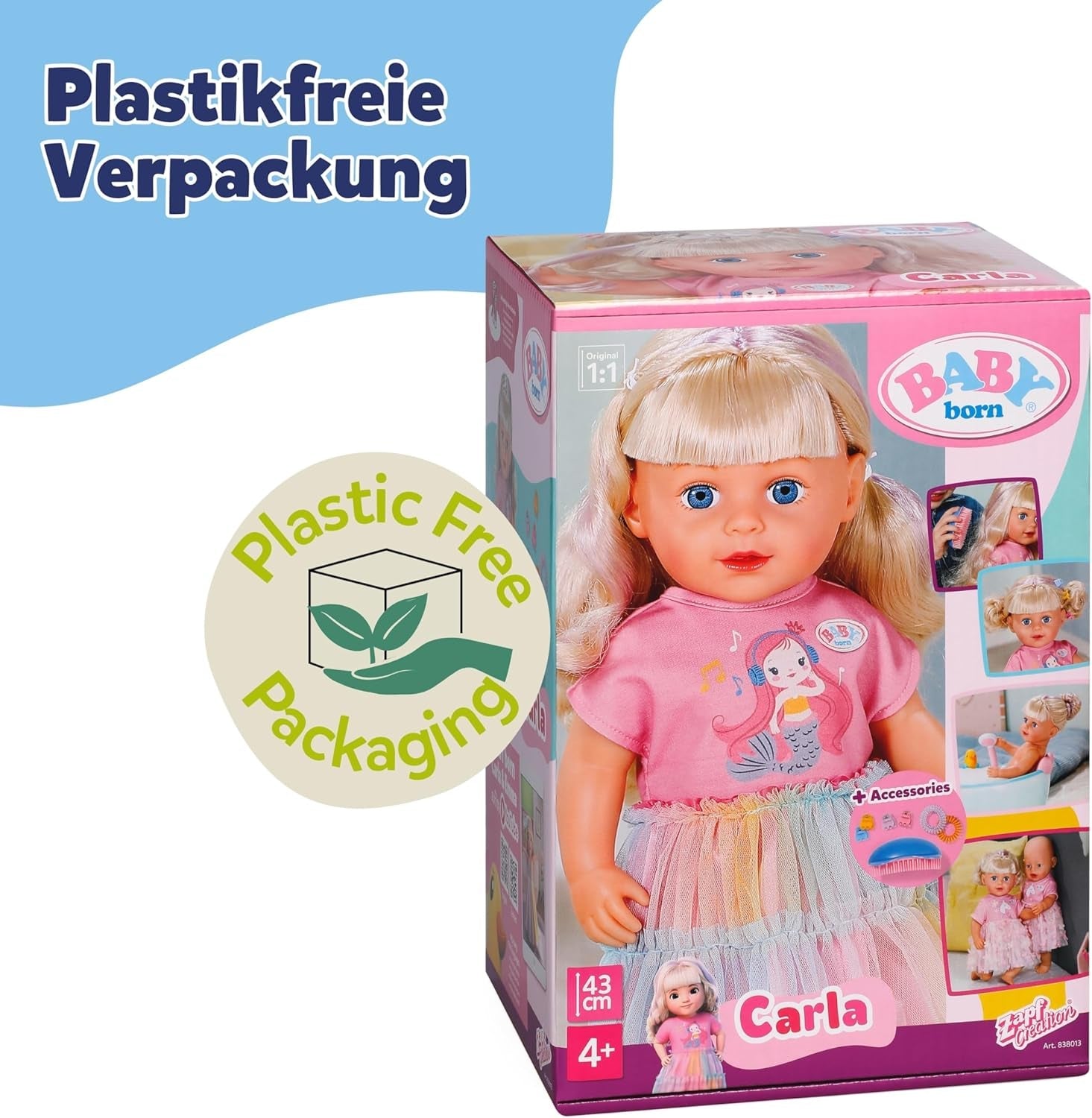 BABY born Carla - 43 cm große Puppe - Hochwertiges Blondes Haar mit Strähnen - Benötigt Keine Batterien - Geeignet für Kinder ab 4 Jahren - Inkl. 7 Accessoires