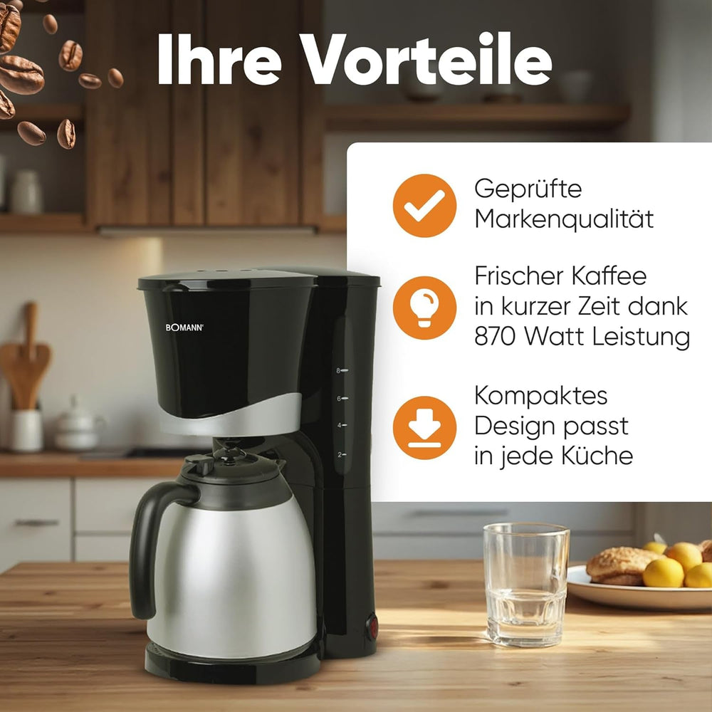 Cafetieră Bomann® cu termos | pentru 8-10 cești de cafea | fără pierderi de temperatură | cafetieră cu filtru | 1 litru | Espressor | Cafetieră cu filtru cu termos | KA 168 negru