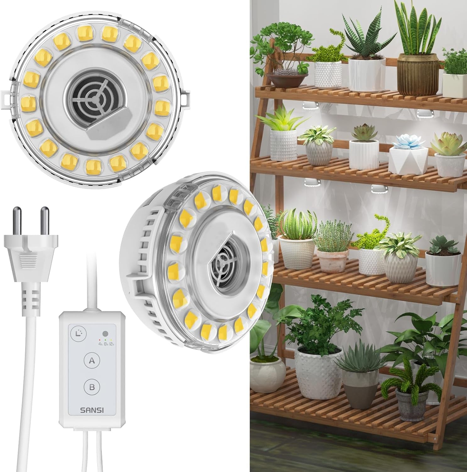 Lampă LED SANSI pentru plante de interior, lampă de creștere cu 2 capete, spectru complet de 10W (echivalent 150W), temporizator 4/8/12 ore, lumină suspendată pentru plante de interior, seră, hidroponică