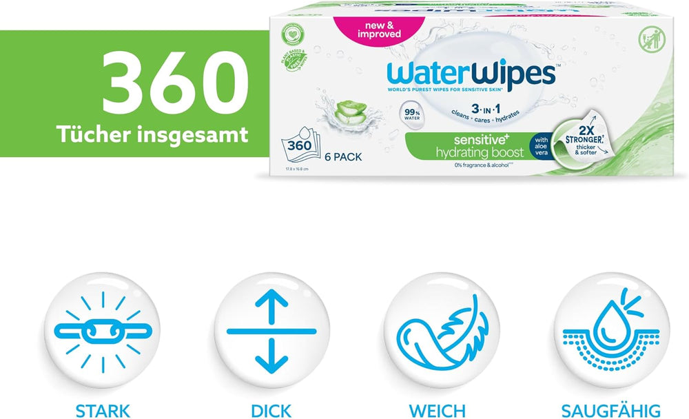 Șervețele umede WaterWipes Sensitive+ Hydrating Boost, șervețele hidratante, 360 bucăți (6 pachete), 3 în 1 curăță, îngrijește, hidratează, 99% apă cu aloe vera, șervețele umede fără parfum pentru bebeluși