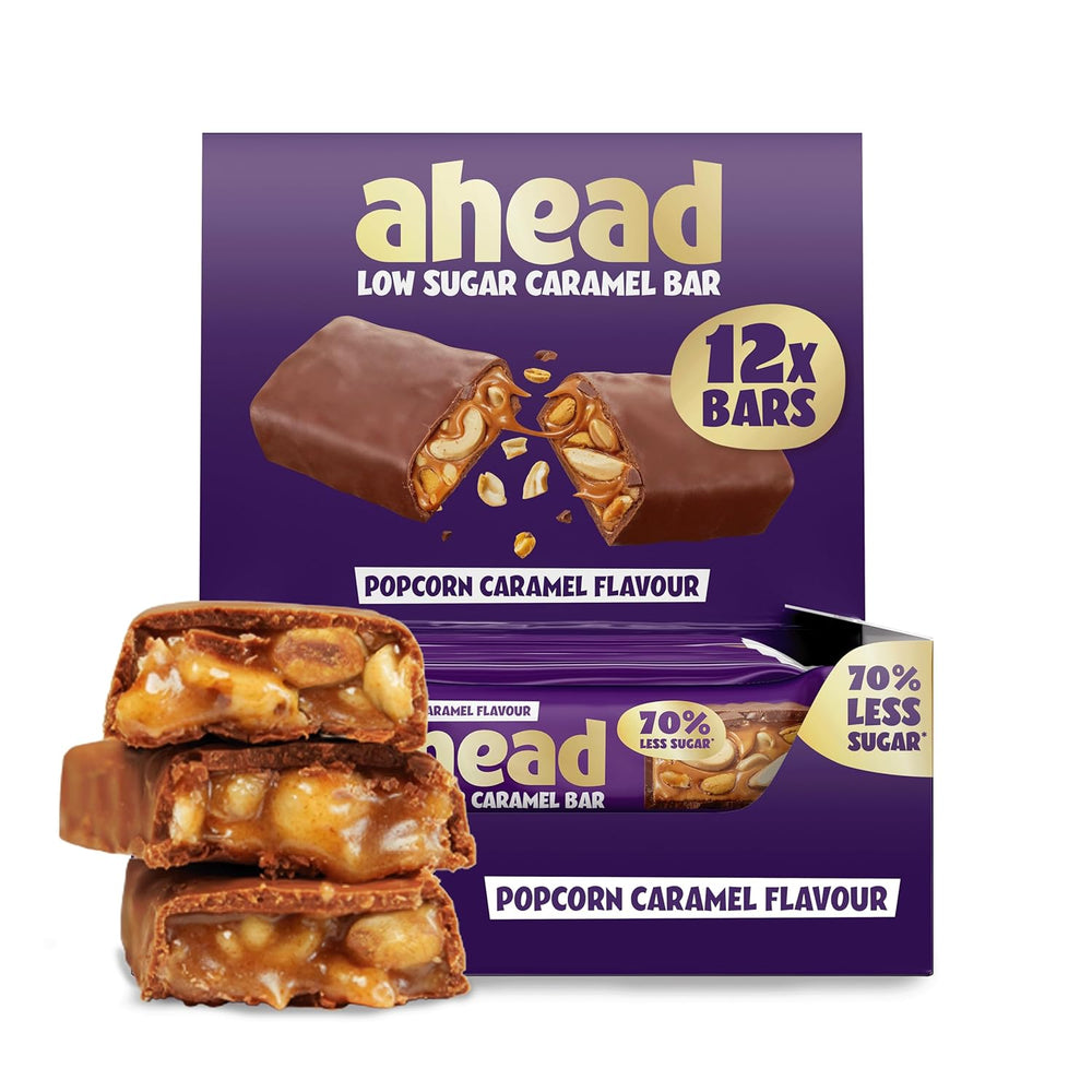 Batoane de ciocolată cu caramel și alune de pădure ahead | 12 batoane de ciocolată x 35 g fără zahăr adăugat | 1,9 g zahăr per baton | Aromă crocantă de alune de pădure și caramel | Dulciuri cu conținut scăzut de carbohidrați | Fără ulei de palmier